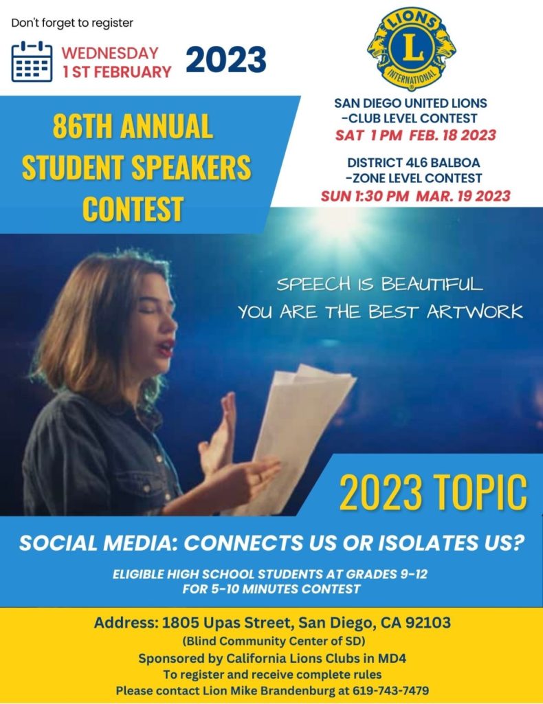 Student Speakers Contest Registration Closes San Diego United Lions Club